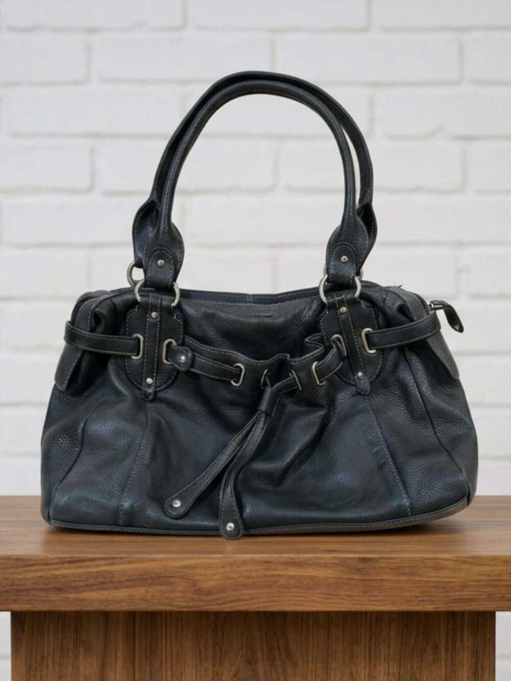 a.n.a Vintage Black Leather Shoulder Bag Drawstring Pocket Silver Hardware